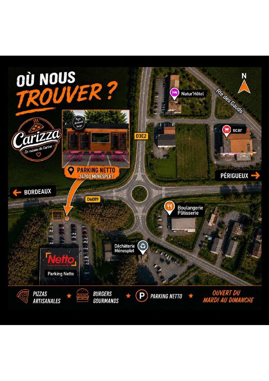 Plan pour trouver Carizza sur le parking Netto à Ménesplet